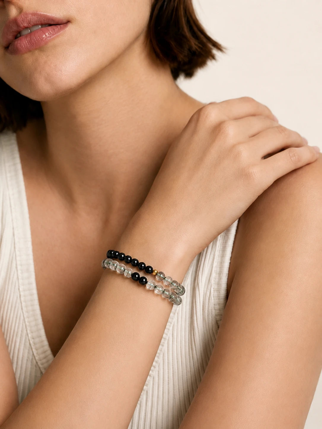 Alternate view of Obsidian & Green Phantom Quartz Double-Wrap Bracelet