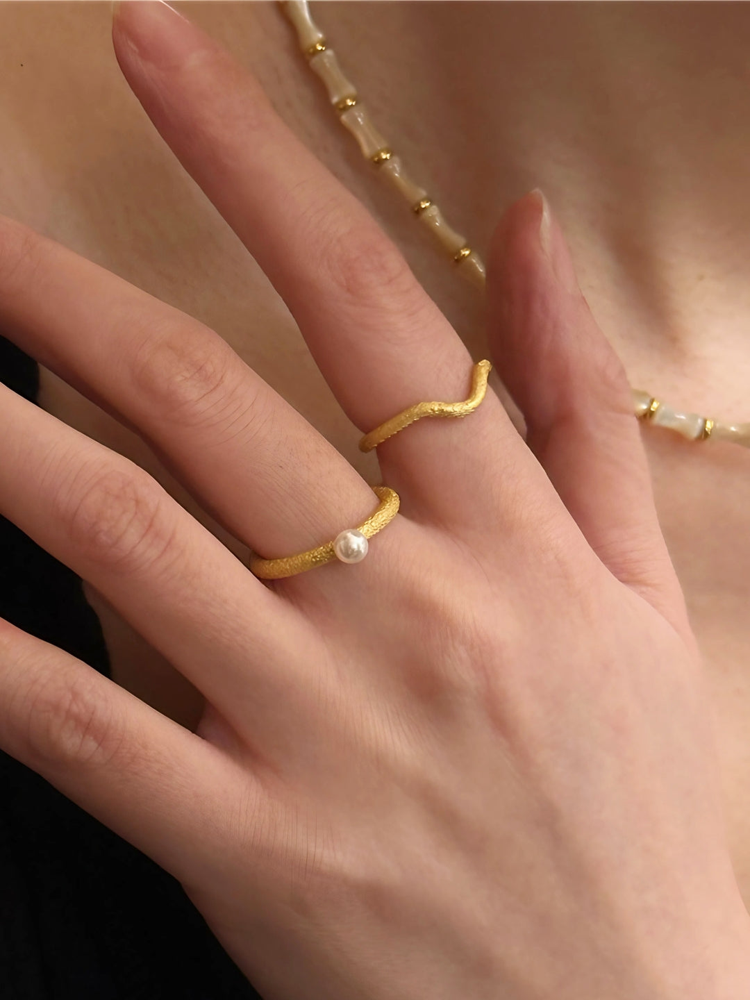Textured Band Pearl Ring-Rings-SoulAdorne