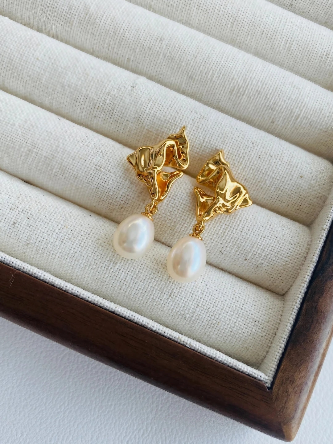 Golden Petal Drop Pearl Earrings-Earrings-SoulAdorne