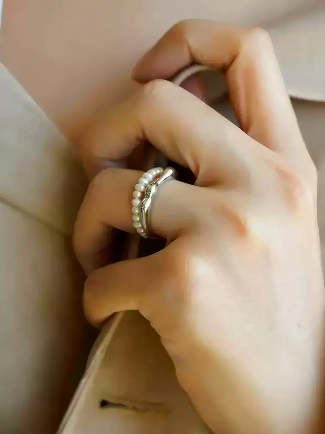 925 Silver and Pearl Double Band Ring-Rings-SoulAdorne