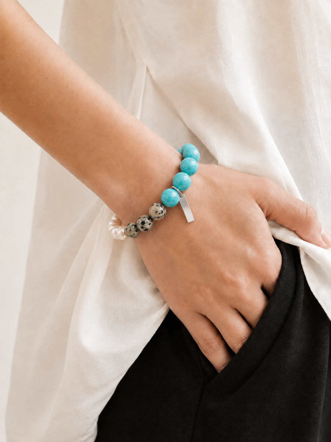 Alternate view of Amazonite & Dalmatian Jasper Mixed-Bead Bracelet