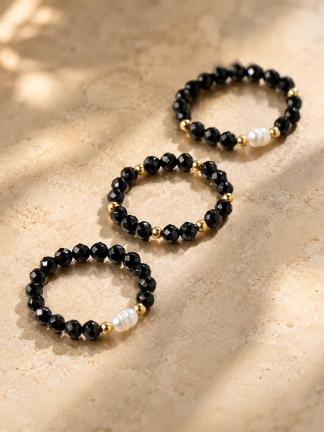 Alternate view of Black Spinel & Pearl Beaded Ring Set
