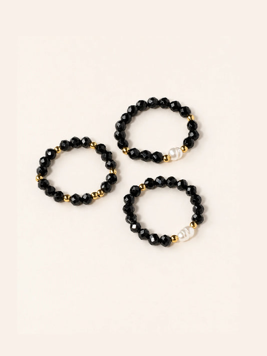 Alternate view of Black Spinel & Pearl Beaded Ring Set
