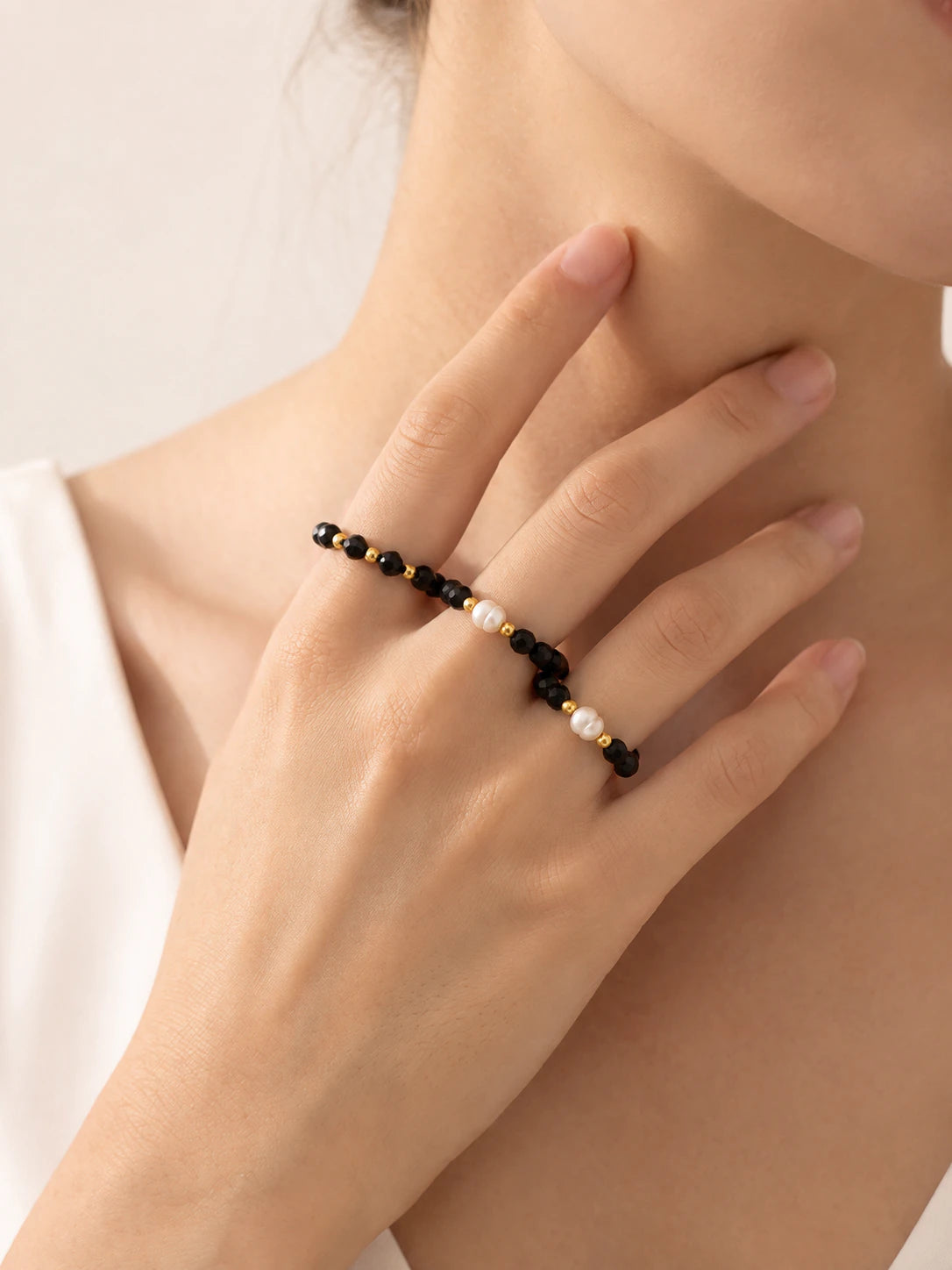 Black Spinel & Pearl Beaded Ring Set