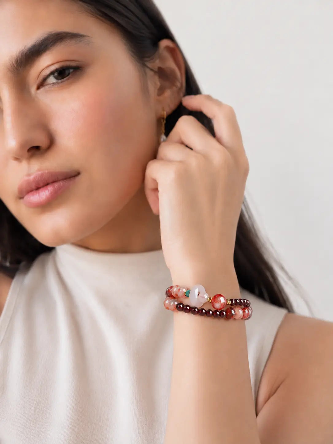 Garnet & Red Flower Agate Connection Bracelet – Double Wrap