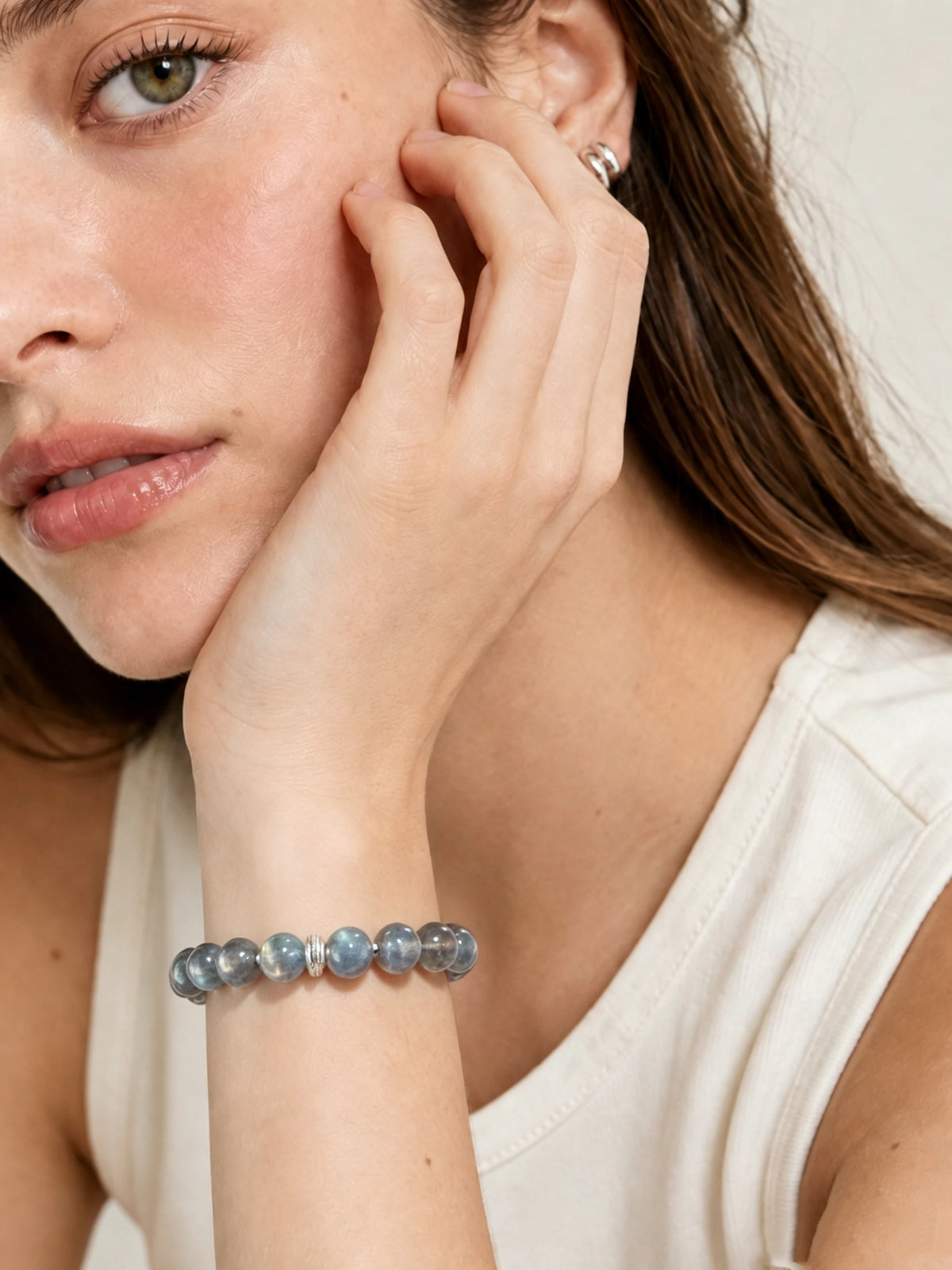 Gray Moonstone Bead Bracelet worn on the wrist