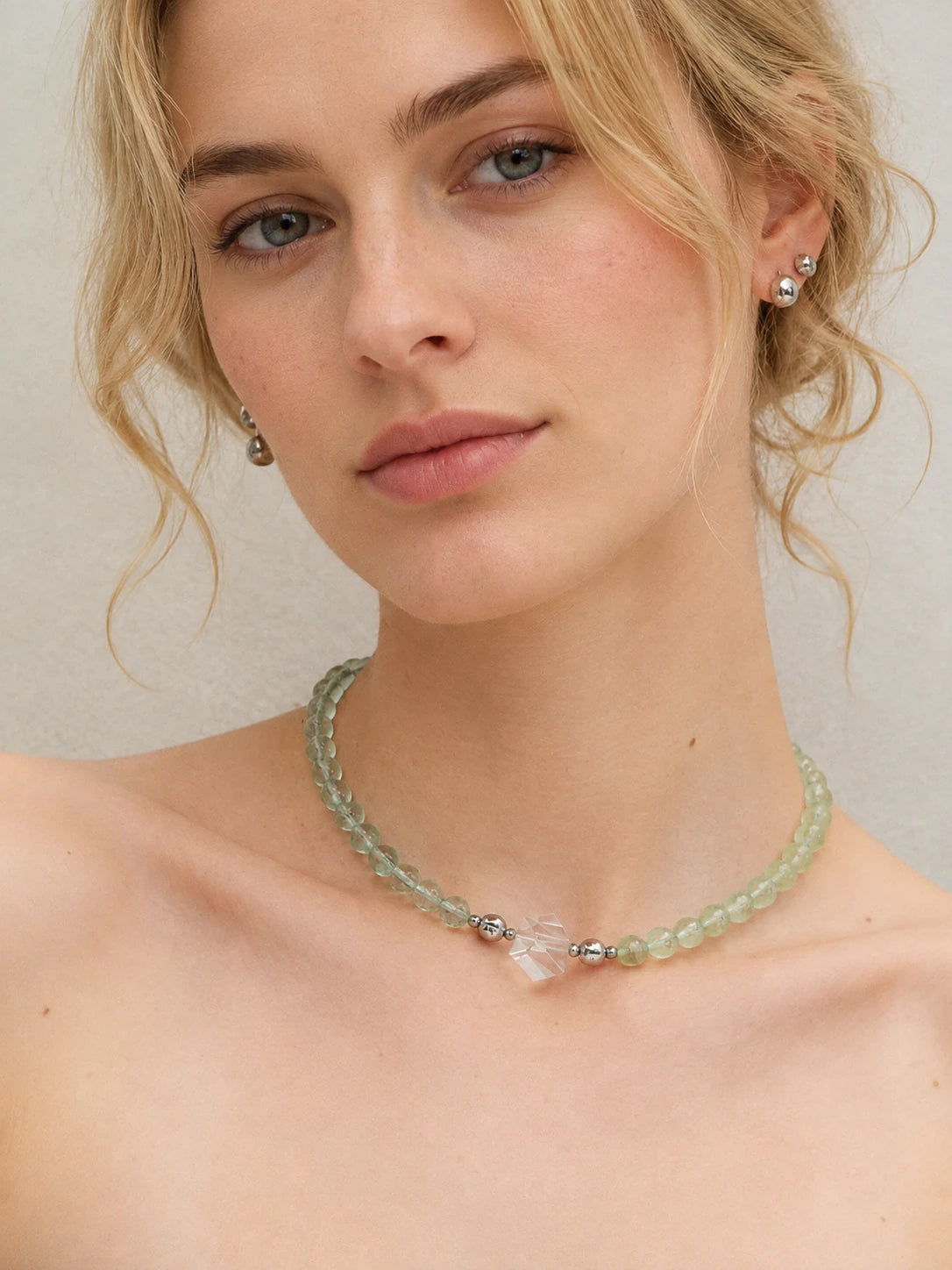 Alternate view of Green Fluorite & Prehnite Bead Necklace