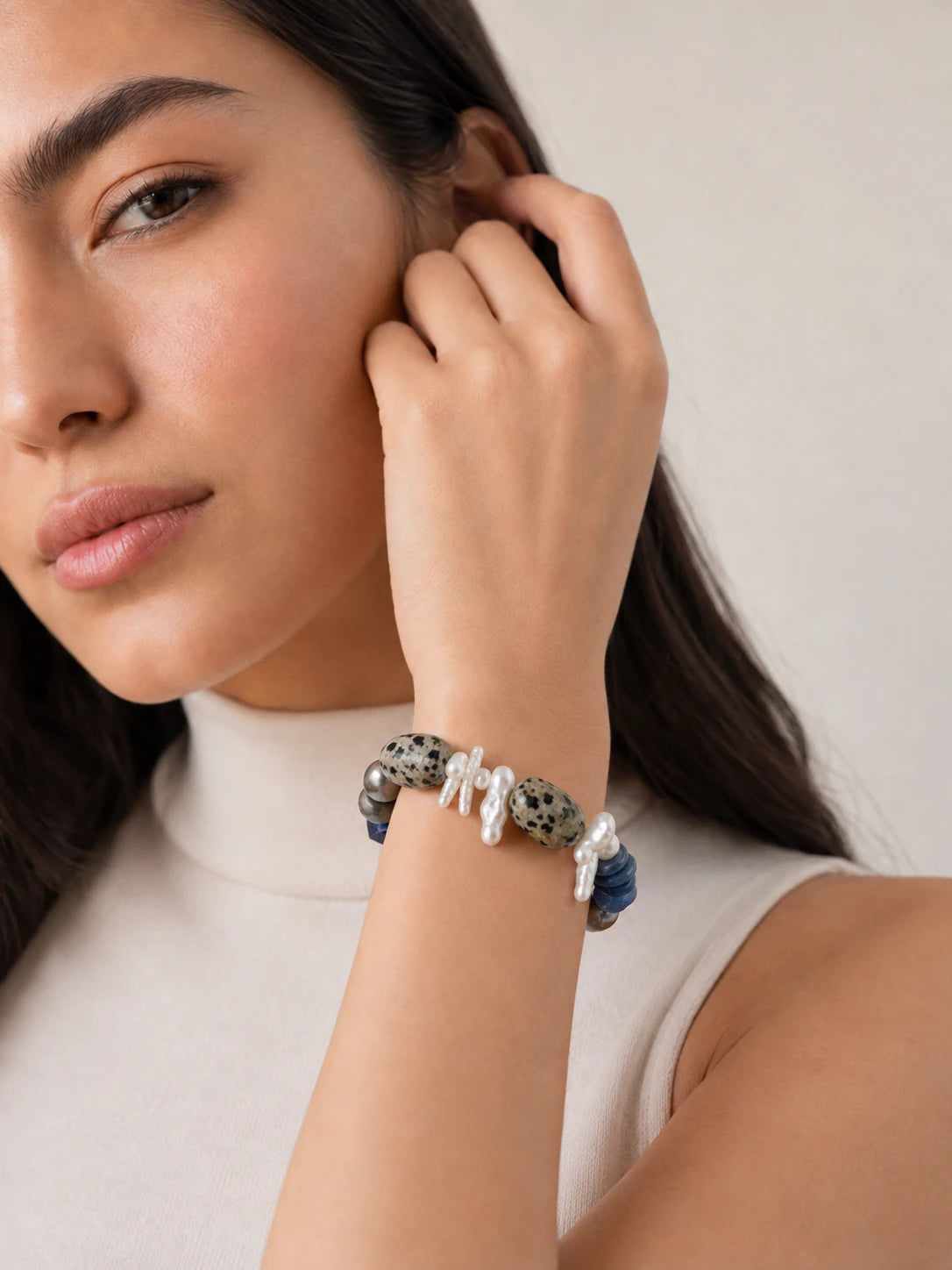 Alternate view of Kyanite & Dalmatian Jasper Mixed-Bead Bracelet