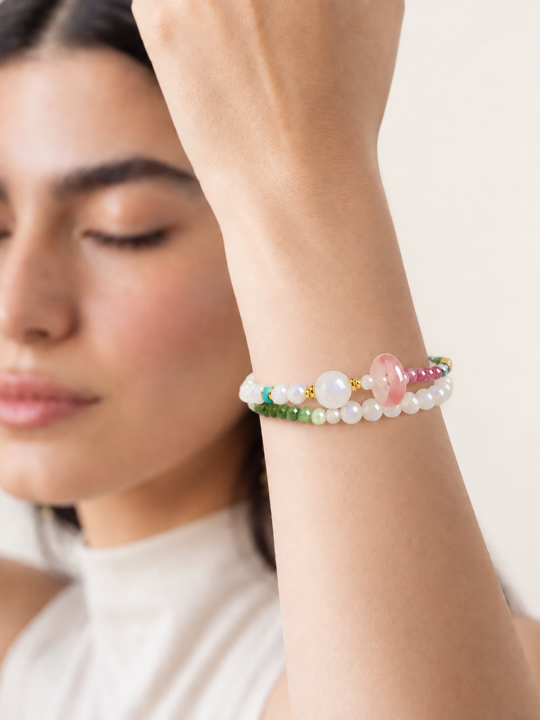Moonstone & Tourmaline Soft Light Bracelet – Double Wrap