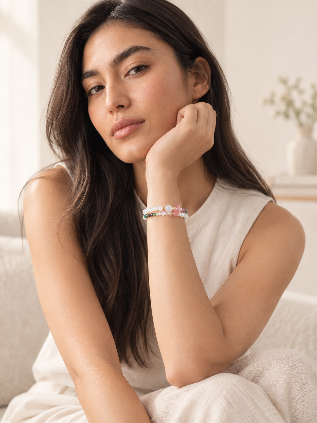 Moonstone & Tourmaline Soft Light Bracelet – Double Wrap