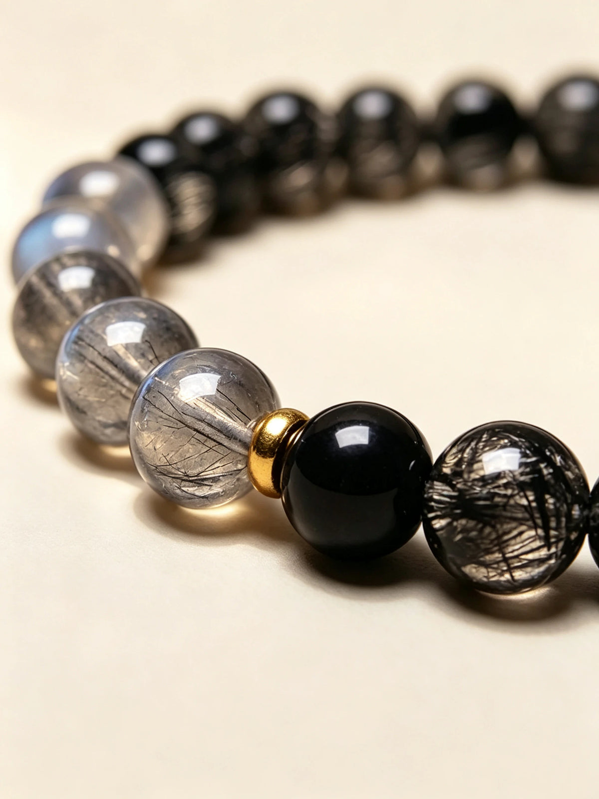 Alternate view of Obsidian & Gray Moonstone Bead Bracelet