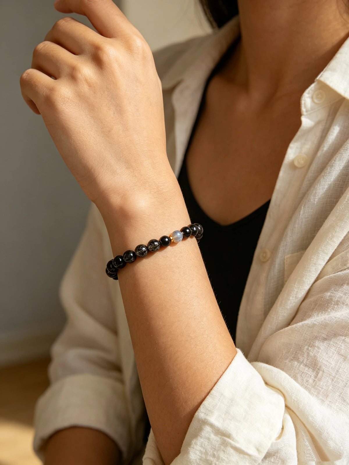 Alternate view of Obsidian & Gray Moonstone Bead Bracelet