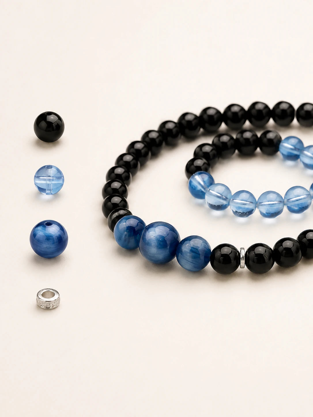 Obsidian, Kyanite & Aquamarine Double-Wrap Bracelet