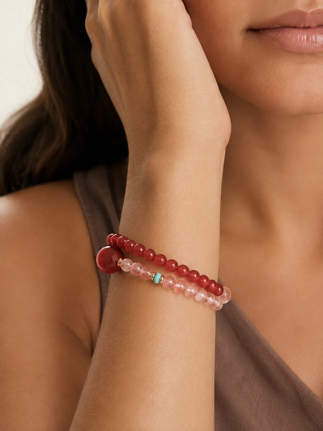 Alternate view of Red Agate & Inclusion Quartz Double-Wrap Bracelet