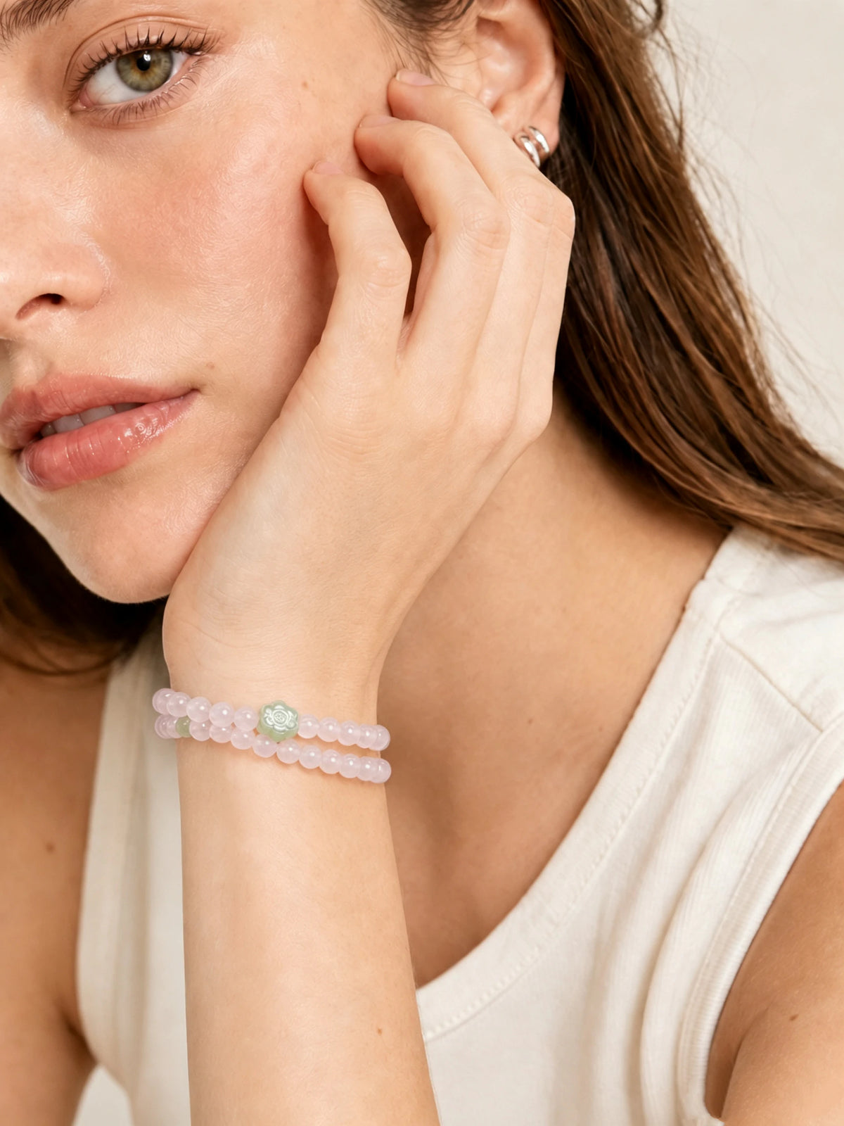 Alternate view of Rose Quartz & Pale Jade Double-Wrap Bracelet