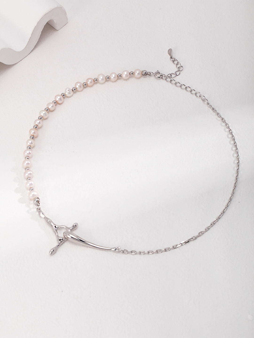Roseate Cross Pearl Necklace-Necklaces-SoulAdorne